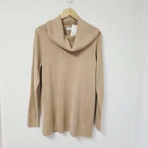 Crown & Ivy Sweater Large Cowl Neck Beige Ribbed Sleeve Preppy Minimalist NWT